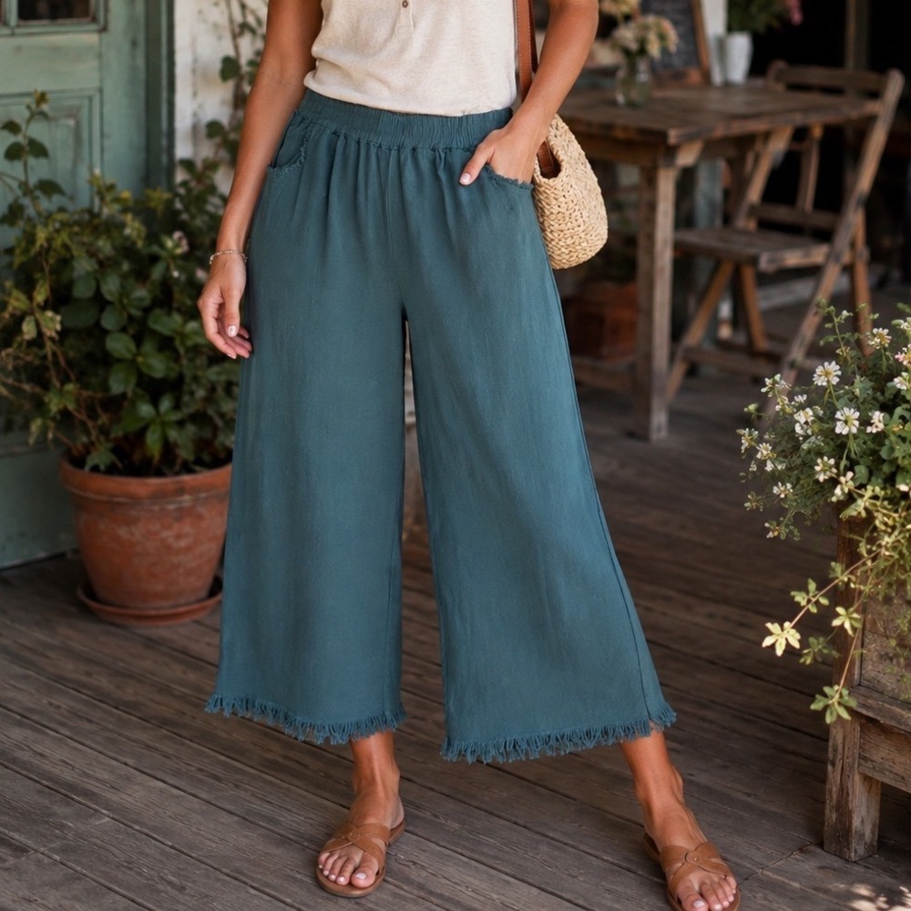 Umgee Linen Blend Boho Wide Leg Cropped Fringe Hem Pants Womens Medium